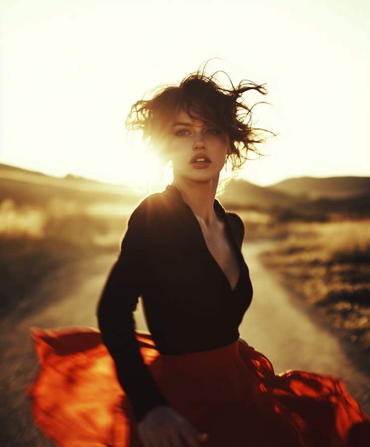 A Red Skirt Moves Before She Does Woman in red skirt twirling on a sunlit path, with hair blown by wind, capturing a dynamic, ethereal outdoor moment. - Handy Home Woman in red skirt twirling on a sunlit path, with hair blown by wind, capturing a dynamic, ethereal outdoor moment.