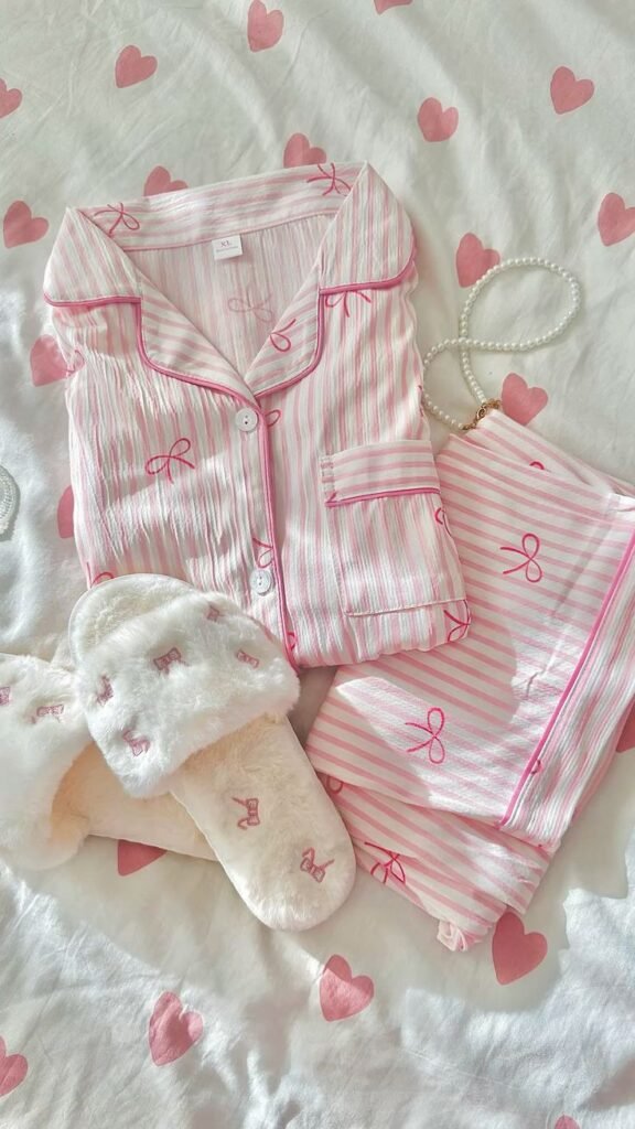 Aesthetic pyjama Pink striped pajamas and fluffy slippers on a heart-patterned bedsheet. Cozy and cute sleepwear for a restful night. - Handy Home Pink striped pajamas and fluffy slippers on a heart-patterned bedsheet. Cozy and cute sleepwear for a restful night.