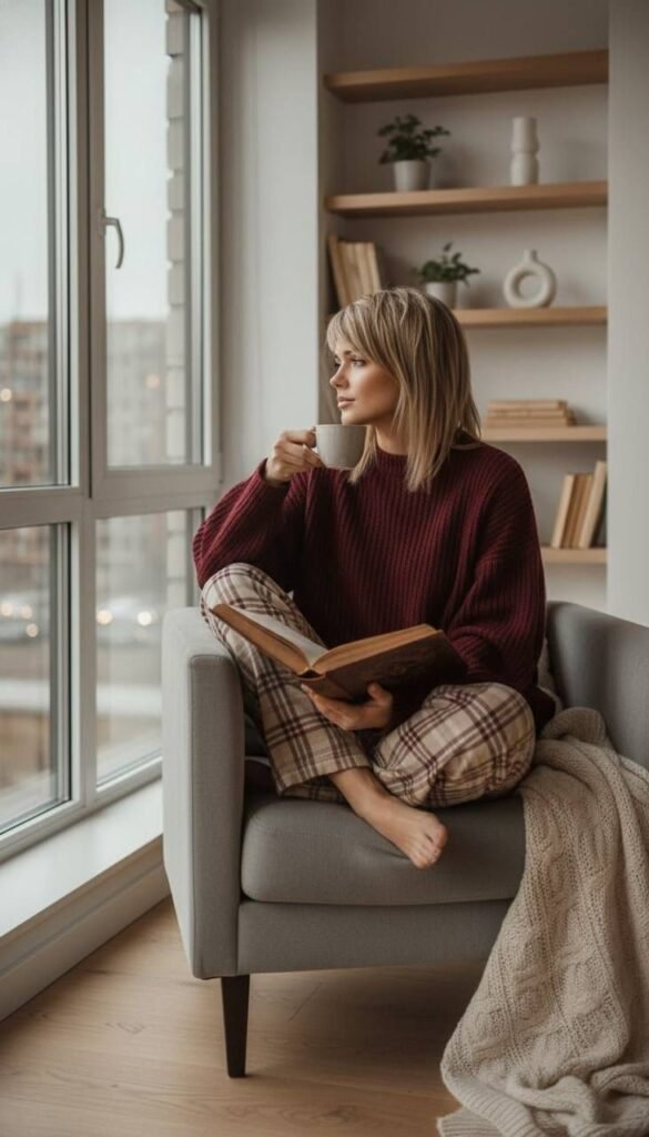 Ai Reels НЕЙРОСЕТИ ПРОМТЫ Woman sipping coffee, reading a book by a window in cozy home setting, wearing plaid pajamas and maroon sweater. Relaxation moment. - Handy Home Woman sipping coffee, reading a book by a window in cozy home setting, wearing plaid pajamas and maroon sweater. Relaxation moment.