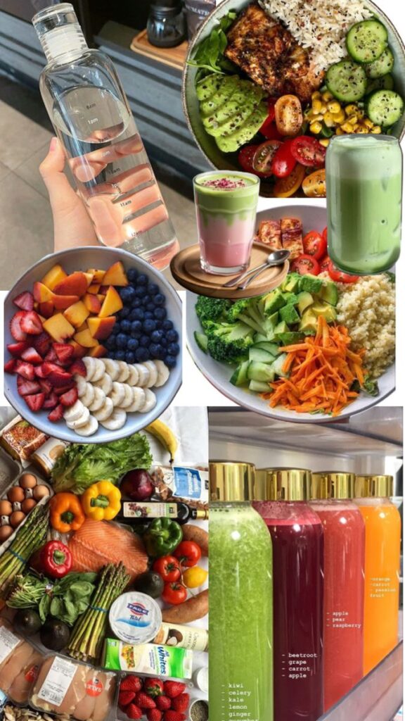 Alimentación A collage showcasing healthy foods: fresh vegetables, colorful juices, fruit bowls, and a hydration bottle promoting a balanced lifestyle. - Handy Home A collage showcasing healthy foods: fresh vegetables, colorful juices, fruit bowls, and a hydration bottle promoting a balanced lifestyle.