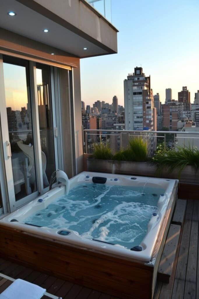 Rooftop hot tub with city skyline view at sunset, modern relaxation in urban setting.