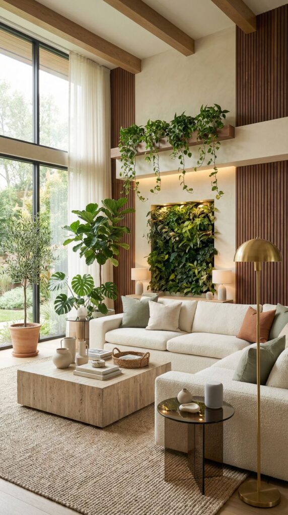 Biophilic Living Room Designs That Feel Like a Luxe Indoor Jungle 🌿 Modern living room with plants, cozy beige sofa, wooden accents, and large windows offering garden view. Eco-friendly decor and design. - Handy Home Modern living room with plants, cozy beige sofa, wooden accents, and large windows offering garden view. Eco-friendly decor and design.