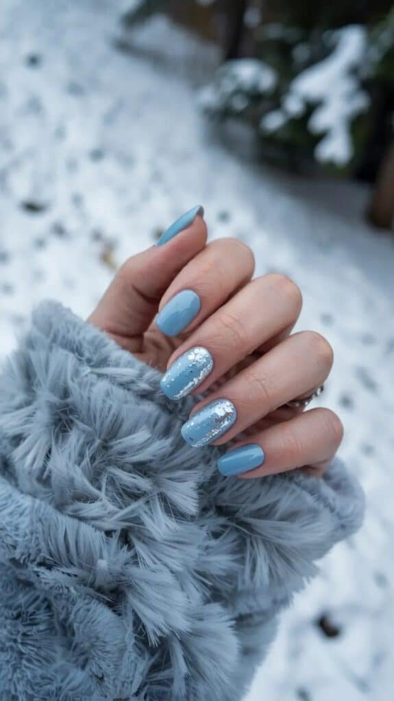 Blue Nails 2026_ Frosted Periwinkle With Silver Foil Drama Close-up of hand with winter-themed blue and silver glitter nails in a fuzzy coat, snowy background. Fashionable winter nail art. - Handy Home Close-up of hand with winter-themed blue and silver glitter nails in a fuzzy coat, snowy background. Fashionable winter nail art.