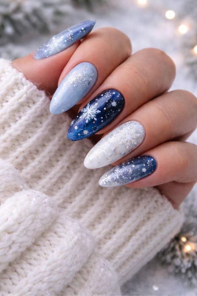 Blue Winter Nails Festive winter-themed nail art with blue and white snowflake designs on almond-shaped nails, cozy white sweater background. - Handy Home Festive winter-themed nail art with blue and white snowflake designs on almond-shaped nails, cozy white sweater background.
