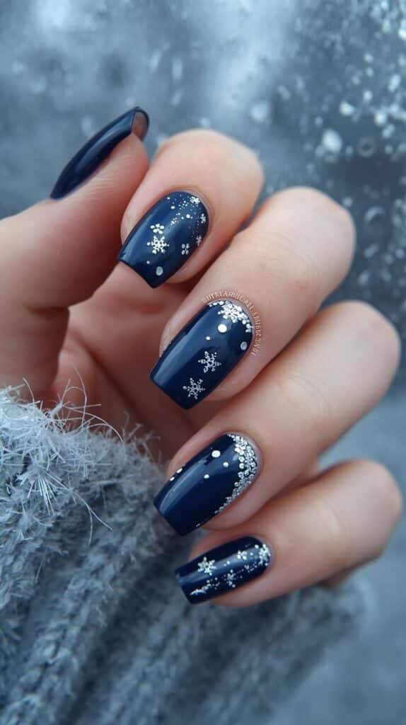 Blue Winter Nails for a Cool Cozy Seasonal Look Stylish navy blue winter nail art with snowflake and glitter accents, perfect for a chic seasonal look. - Handy Home Stylish navy blue winter nail art with snowflake and glitter accents, perfect for a chic seasonal look.