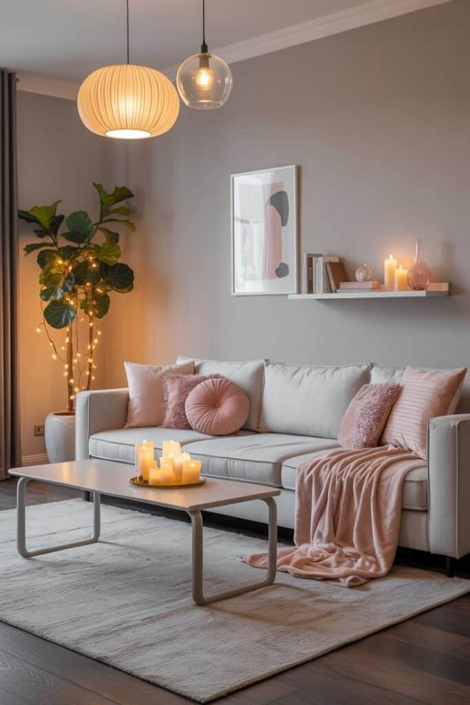 Cozy living room with grey sofa, pink cushions, candles, and modern decor. Warm lighting and stylish wall art enhance the ambiance.