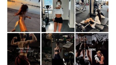 Collage of a fitness journey: running, gym workouts, and boxing, captioned strong body, strong mind.
