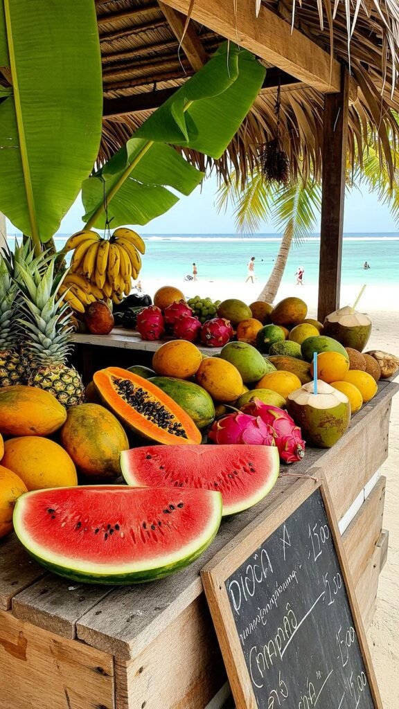 Tropical fruit stand on a beach, featuring bananas, pineapples, papayas, and watermelons under a thatched roof.