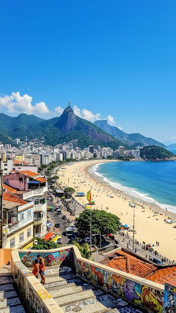 Rio de Janeiro beach view with Christ the Redeemer, vibrant cityscape, and colorful stairs on a sunny day.