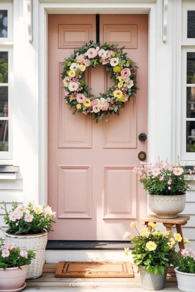 Pink front door with a colorful floral wreath, surrounded by blooming potted plants. Inviting spring entrance decor.