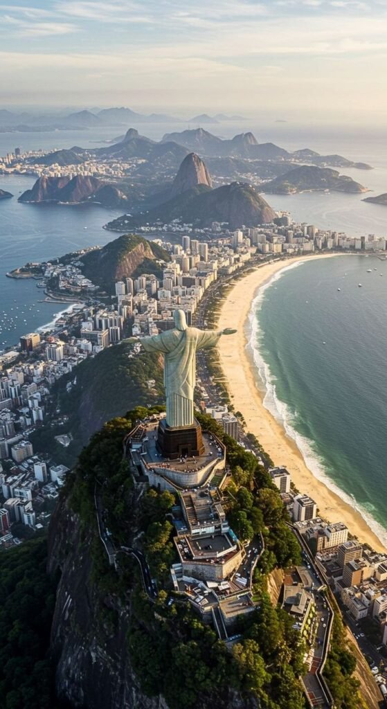 Aerial view of Christ the Redeemer statue overlooking Rio de Janeiro's cityscape and coastline, Brazil.