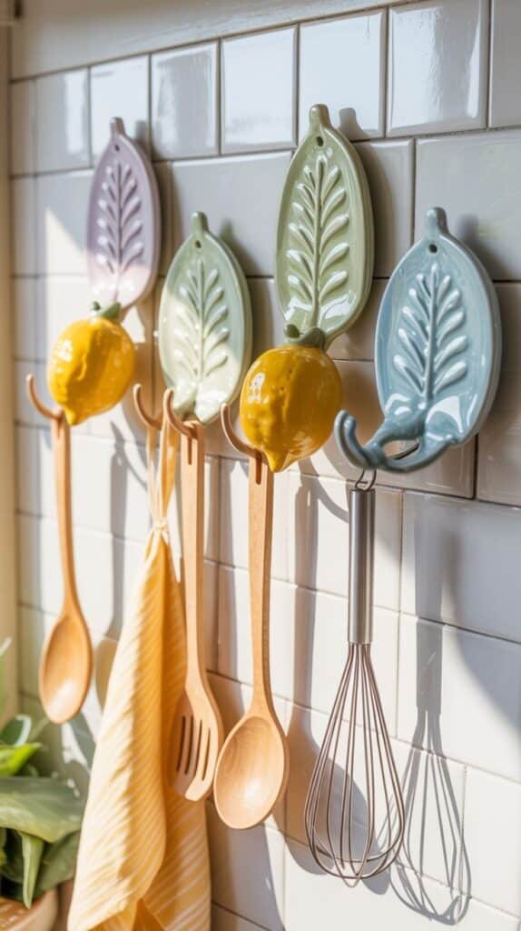 Colorful leaf-shaped hooks with kitchen utensils and a lemon design adorn a tiled wall. Cozy and stylish kitchen decor.