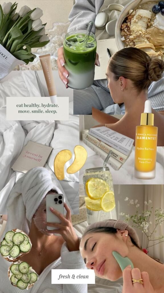 Collage of self-care elements: skincare, healthy food, drinks, books, and wellness quotes. Emphasizing relaxation and rejuvenation.