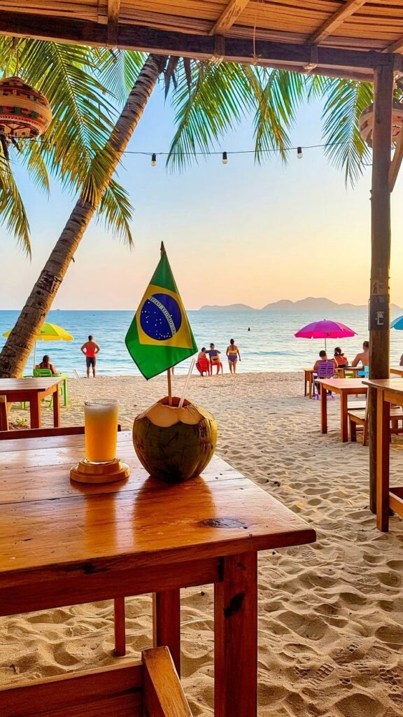 Tropical beach scene with Brazilian flag, coconut drink, and sunset views. People relaxing under palm trees by the ocean.