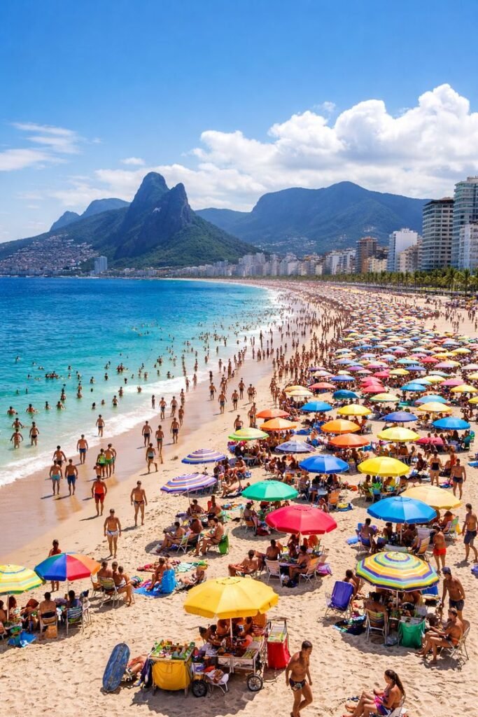 Busy beach with colorful umbrellas, mountain backdrop, and vibrant shoreline in Rio de Janeiro. Perfect summer destination.