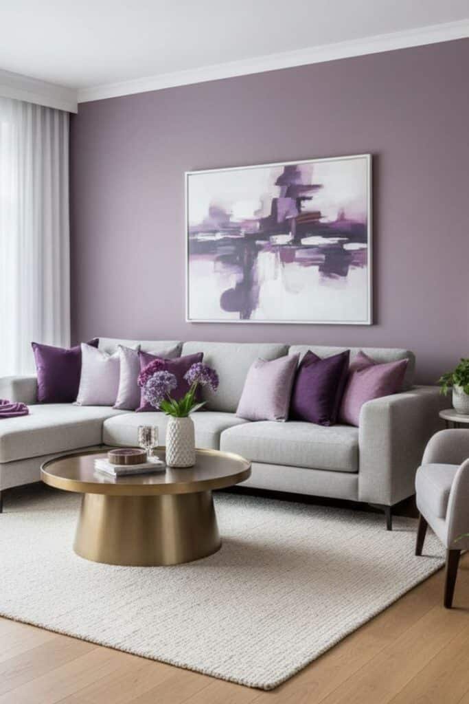 Modern living room with purple accents, gray sofa, abstract art, and gold coffee table, creating a stylish and cozy ambiance.