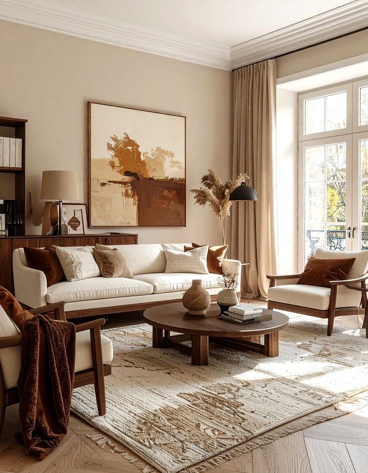 Cozy modern living room with neutral tones, featuring a large sofa, abstract art, round coffee table, and natural light from a big window.