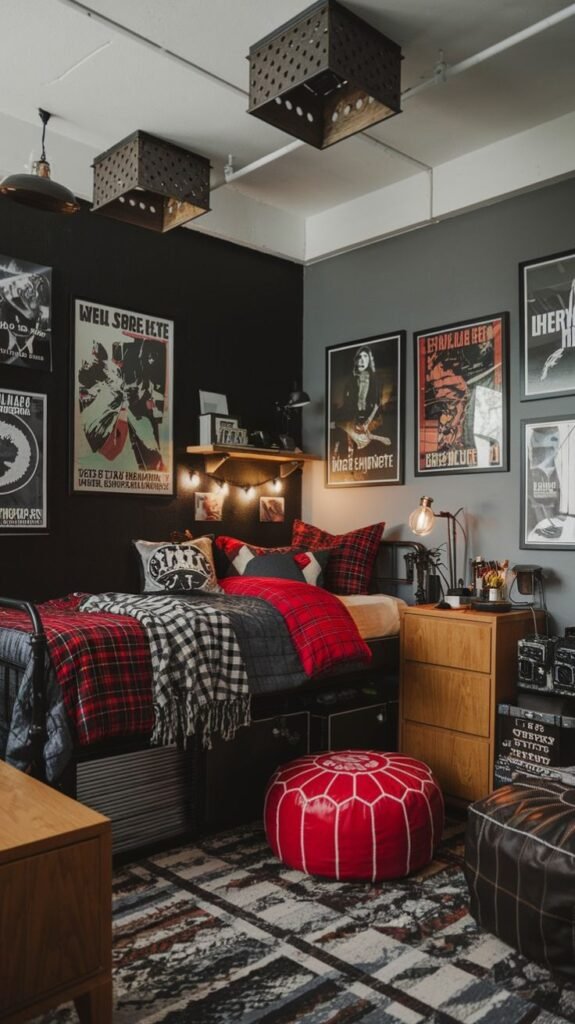 Cozy bedroom with rock-themed decor, plaid bedding, and posters. Modern lighting and red accents create a vibrant atmosphere.