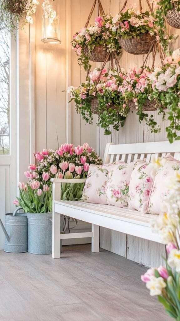 Cozy floral-themed patio with white bench, pink tulips, and hanging baskets in a serene spring garden setting.