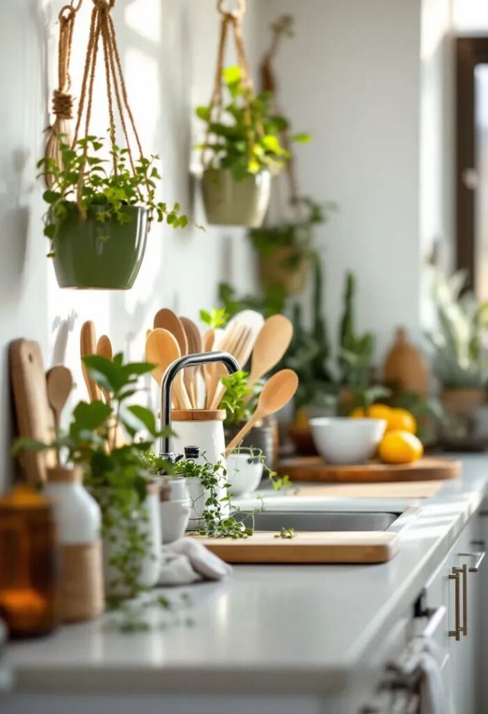 Eco-Friendly Boho Kitchens_ Naturally Inspired Design Bright kitchen with wooden utensils, hanging plants, and fresh lemons on the countertop, creating a cozy, green ambiance. - Handy Home Bright kitchen with wooden utensils, hanging plants, and fresh lemons on the countertop, creating a cozy, green ambiance.