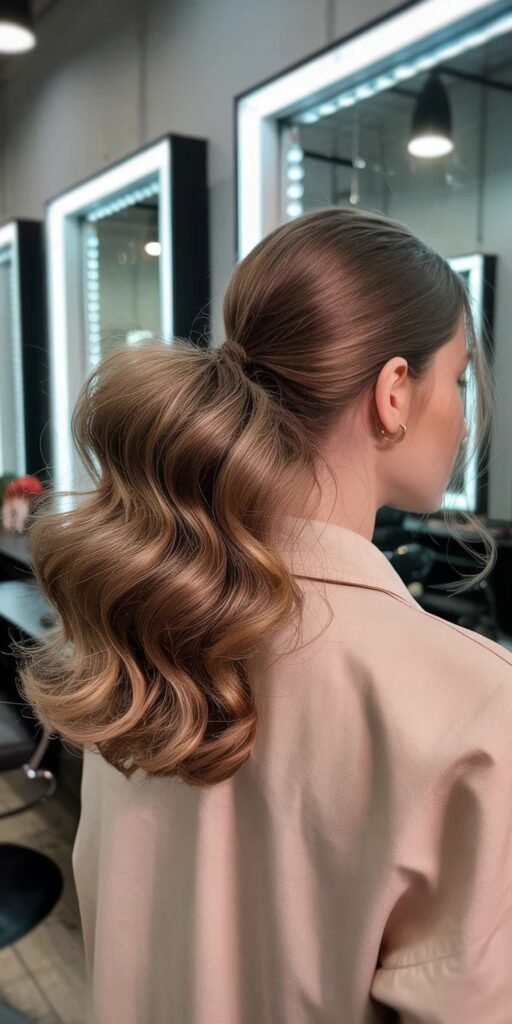 Effortlessly Chic Hairstyles for School Days Elegant wavy ponytail hairstyle on woman in salon, showcasing glossy brown hair and modern chic style. - Handy Home Elegant wavy ponytail hairstyle on woman in salon, showcasing glossy brown hair and modern chic style.