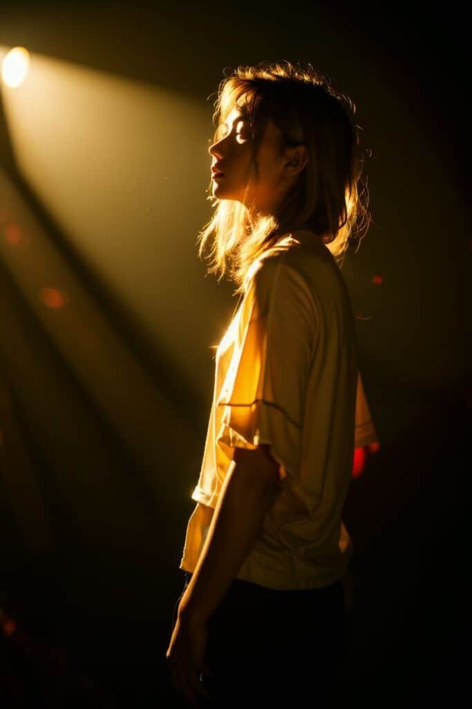 Faint Light in the Darkness Cinematic AI Portrait Silhouette of a woman in soft, dramatic lighting with yellow highlights, creating a serene and introspective mood. - Handy Home Silhouette of a woman in soft, dramatic lighting with yellow highlights, creating a serene and introspective mood.