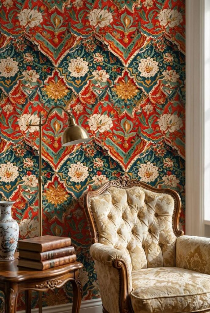 Floral Damask Wallpaper Vintage Eclectic Wall Mural Vintage armchair in cozy room with vibrant floral wallpaper, brass lamp, and stacked books on a wooden table. - Handy Home Vintage armchair in cozy room with vibrant floral wallpaper, brass lamp, and stacked books on a wooden table.