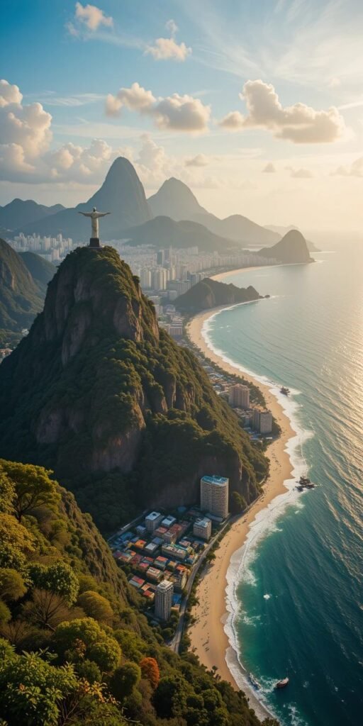 Aerial view of Rio de Janeiro's coastline with Christ the Redeemer statue, lush mountains, and sandy beaches at sunrise.