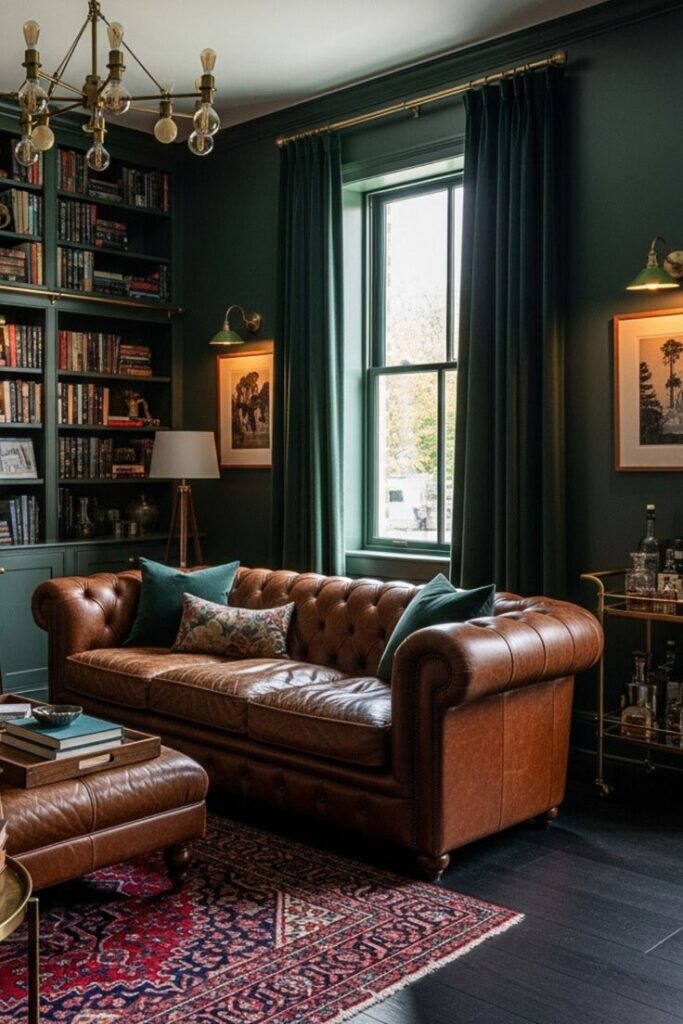 Forest Green Cognac Library Lounge _ Cozy Moody Color Palette Cozy library with leather sofa, green walls, bookshelves, and elegant lighting, perfect for reading and relaxation. - Handy Home Cozy library with leather sofa, green walls, bookshelves, and elegant lighting, perfect for reading and relaxation.