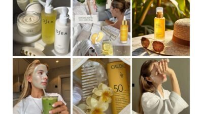 Collage of skincare products and routines, featuring OSEA and Caudalie items, face masks, and summer sun essentials.