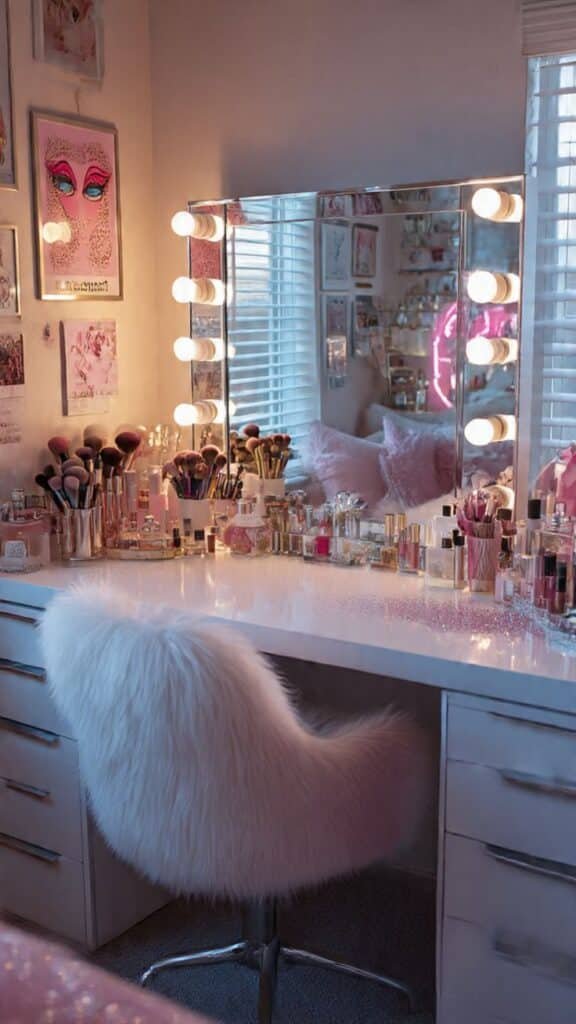 Chic vanity with illuminated mirror, fluffy chair, and makeup essentials, creating a cozy and stylish beauty corner.