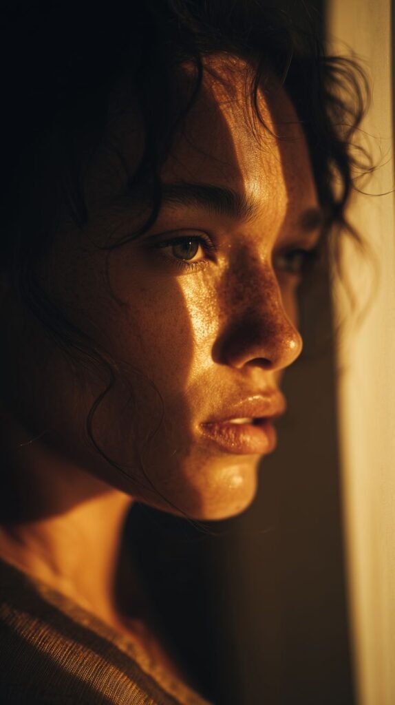 Golden Hour Cinematic Fashion Portrait by a Window Close-up of a person with freckles, gazing into sunlight, highlighting facial features and texture for dramatic effect. - Handy Home Close-up of a person with freckles, gazing into sunlight, highlighting facial features and texture for dramatic effect.