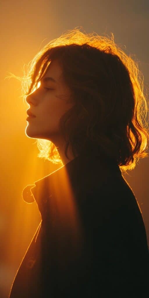 Golden Silhouette Portrait _ Woman in Warm Sunset Light Side profile of a person in warm sunset light, creating a tranquil silhouette. Perfect for themes of peace and nature. - Handy Home Side profile of a person in warm sunset light, creating a tranquil silhouette. Perfect for themes of peace and nature.