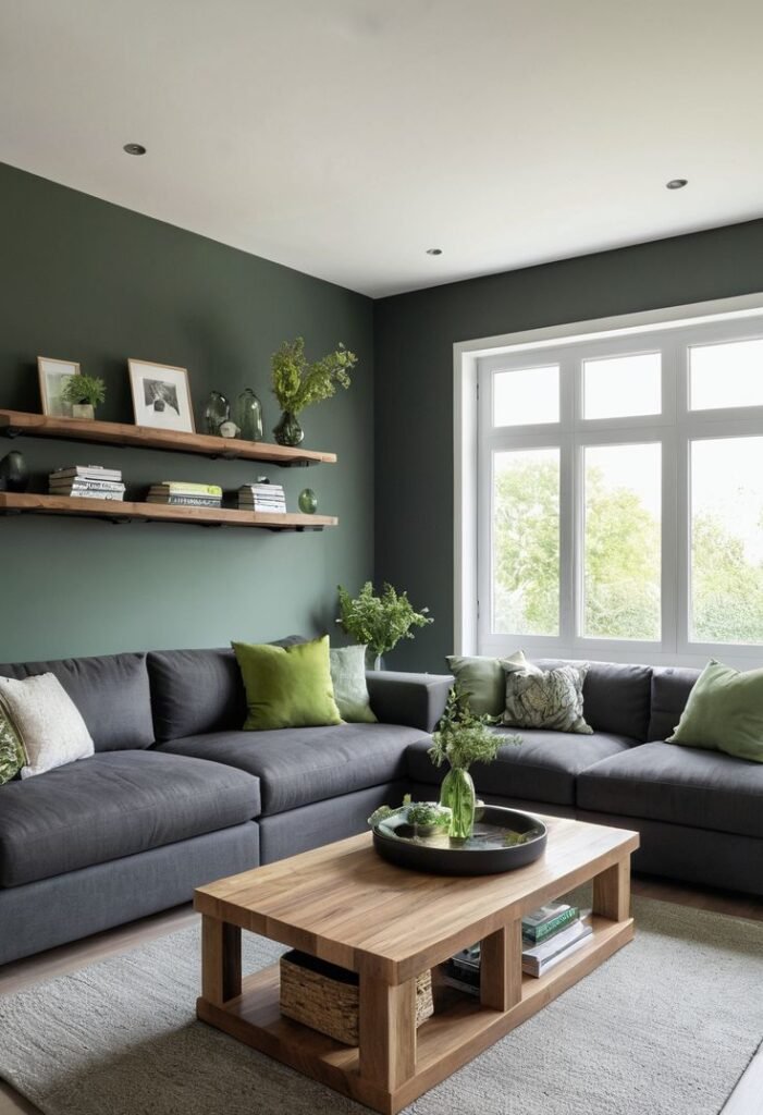 Modern living room with green accents, cozy gray sectional, wooden shelves, and coffee table, flooded with natural light from large window.