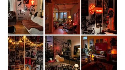 Collage of vintage and modern living room interiors featuring eclectic decor, neon signs, and cozy lighting for a retro ambiance.