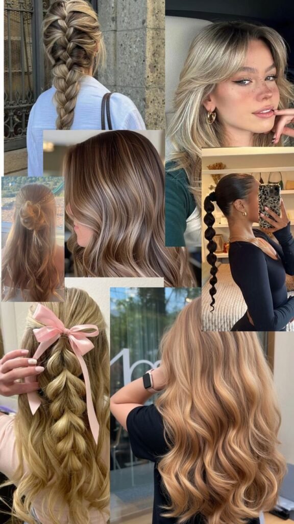 Haar collage Collage of stylish hairstyles: braids, wavy hair, sleek bun, and accessorized looks. Perfect for hair inspiration. - Handy Home Collage of stylish hairstyles: braids, wavy hair, sleek bun, and accessorized looks. Perfect for hair inspiration.