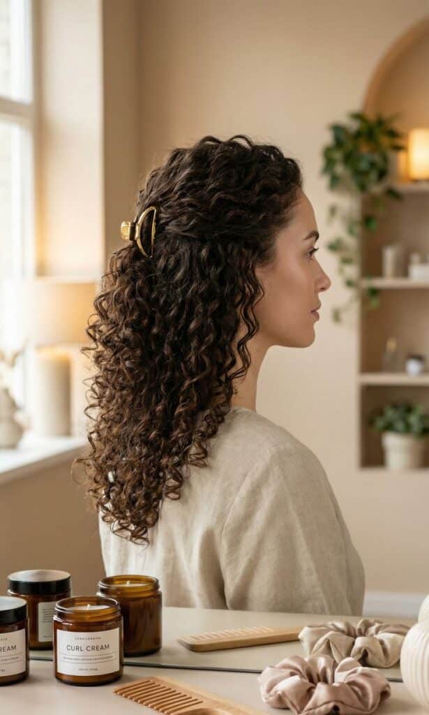 Half-Up Half-Down _ curly hair styles _ effortless soft curls inspiration Woman with curly hair using hair clip, surrounded by curl cream products and accessories, in a cozy home setting. - Handy Home Woman with curly hair using hair clip, surrounded by curl cream products and accessories, in a cozy home setting.