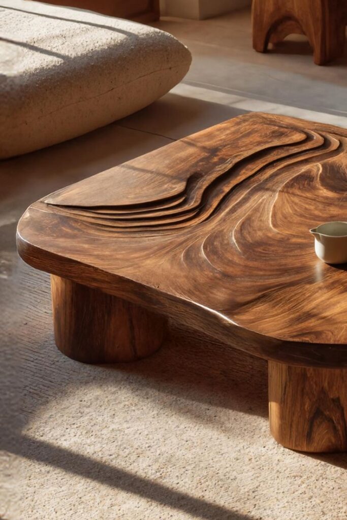 Handcrafted Abstract Solid Wood Coffee Table For Entryway - Oak _ 30W x 30D x 16H Solid wood coffee table with unique curved carvings, sunlit in a cozy room. Perfect for modern, rustic interiors. - Handy Home Solid wood coffee table with unique curved carvings, sunlit in a cozy room. Perfect for modern, rustic interiors.