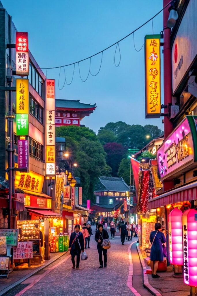 Vibrant evening street scene in Japan with bright neon signs and people strolling, capturing urban life and culture.