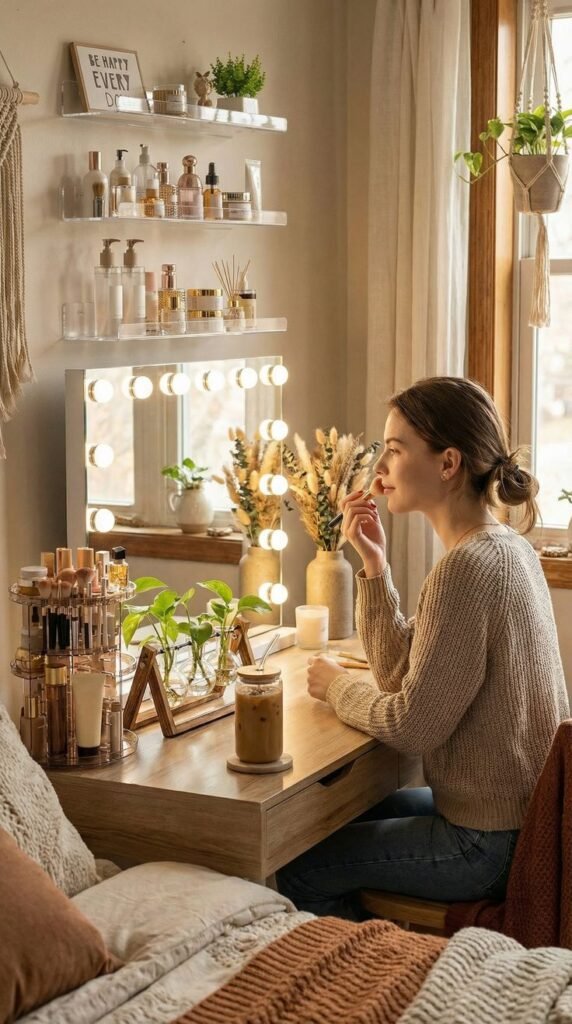 Cozy room with vanity mirror, woman applying lipstick at wooden table, surrounded by plants, makeup, and decor.
