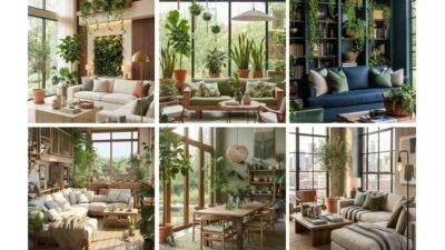 Collage of stylish living rooms with natural lighting, indoor plants, and cozy furniture, showcasing modern interior design.