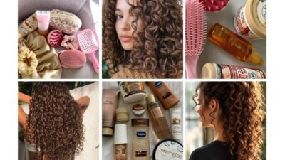 Curly hair care essentials: brushes, oils, creams, and a young woman with defined curls. Perfect for a curly hair routine.
