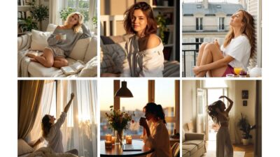 Collage of women enjoying cozy moments at home with coffee, books, and sunlight streaming through windows. Relaxed and serene atmosphere.