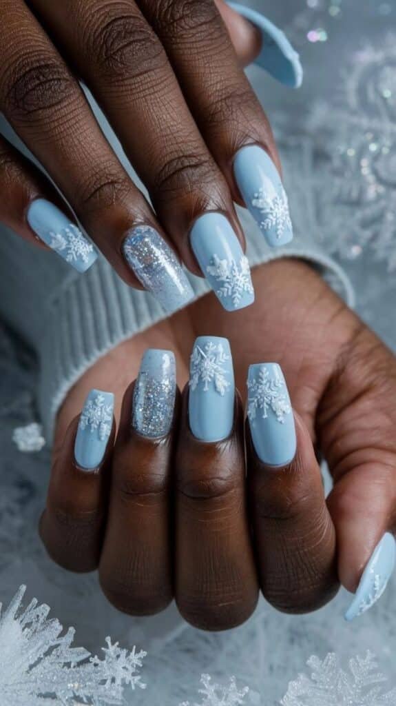 Ice Blue Winter Nails Elegant winter-themed blue nails with snowflake art and glitter accents. Perfect for festive season and stylish winter looks. - Handy Home Elegant winter-themed blue nails with snowflake art and glitter accents. Perfect for festive season and stylish winter looks.