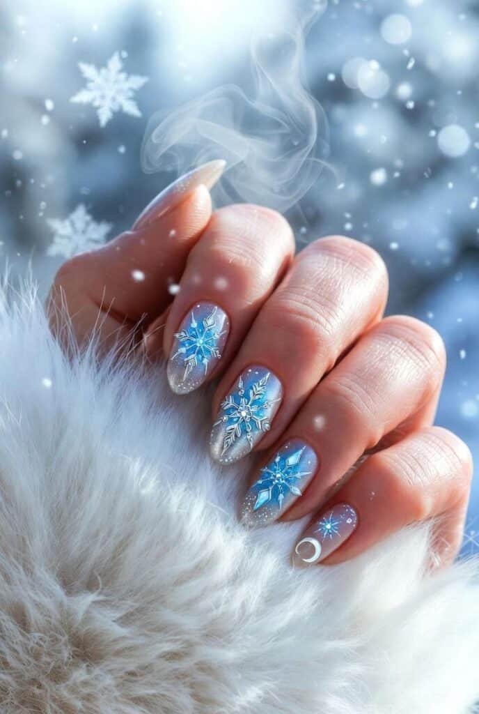 Icy Snowflake Chrome Nail Inspiration ❄️ Winter-themed nails with blue snowflakes and white fur accents, perfect for a festive, chilly season look. - Handy Home Winter-themed nails with blue snowflakes and white fur accents, perfect for a festive, chilly season look.