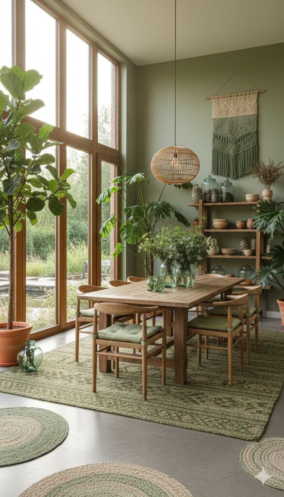 Indoor Plant-Filled Dining Room Bright dining room with wooden table, green decor, large windows, and lush indoor plants, creating a cozy, natural ambiance. - Handy Home Bright dining room with wooden table, green decor, large windows, and lush indoor plants, creating a cozy, natural ambiance.