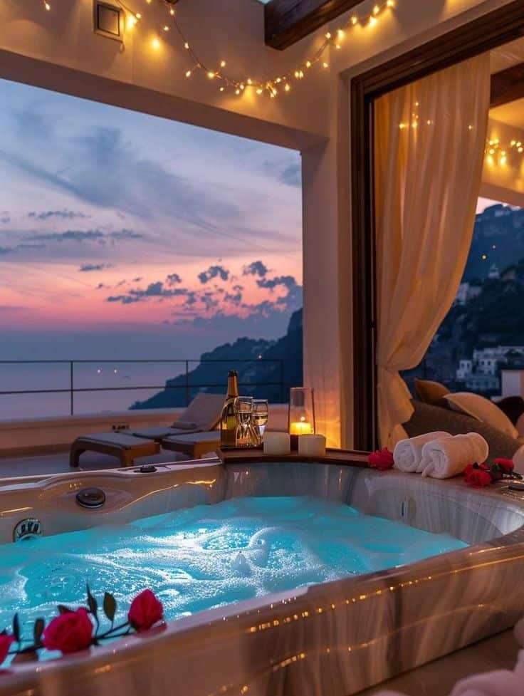 Luxurious hot tub with romantic sunset view, candles, and champagne on a balcony. Perfect setting for relaxation and getaway.