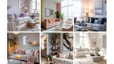 Collage of cozy and stylish living rooms featuring pastel and neutral tones, modern decor, and comfortable sofas.