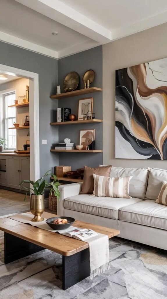 Modern living room with beige sofa, abstract art, floating shelves, and wooden coffee table with decor. Cozy, stylish interior design. Living Room Color Combinations