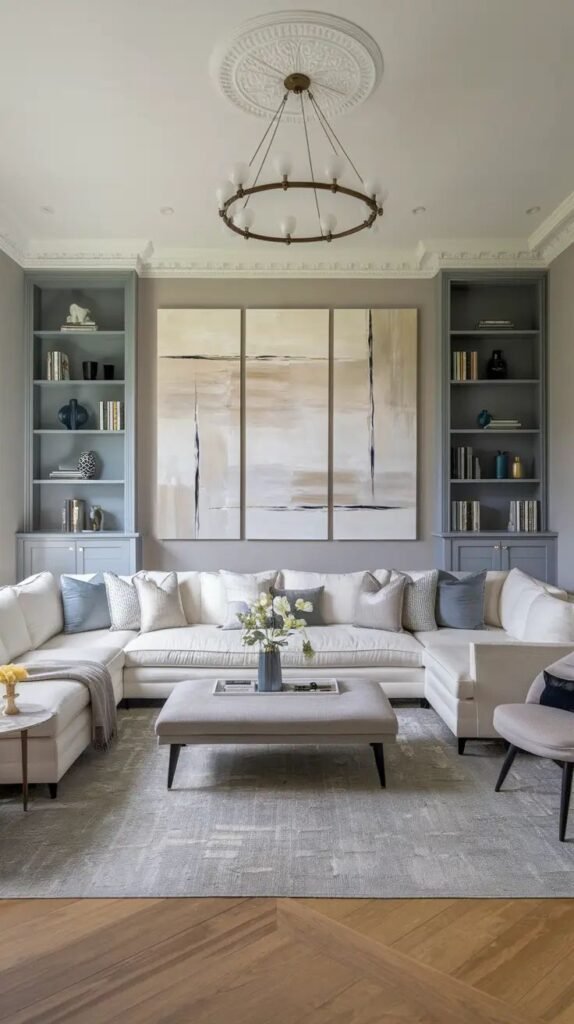 Elegant living room with a modern sectional sofa, abstract art, and chic chandelier, perfect for stylish home decor inspiration.